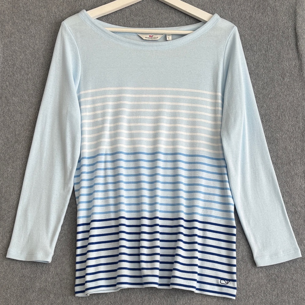 NEW Vineyard Vines Women Long Sleeve Striped Boatneck T-Shirt L Sky Blue - Picture 3 of 9